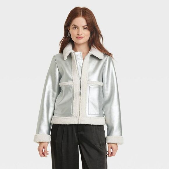 A New Day Jackets & Blazers - A New Day - A New Day Women's Zip-Up Winter Metallic Faux Shea Silver